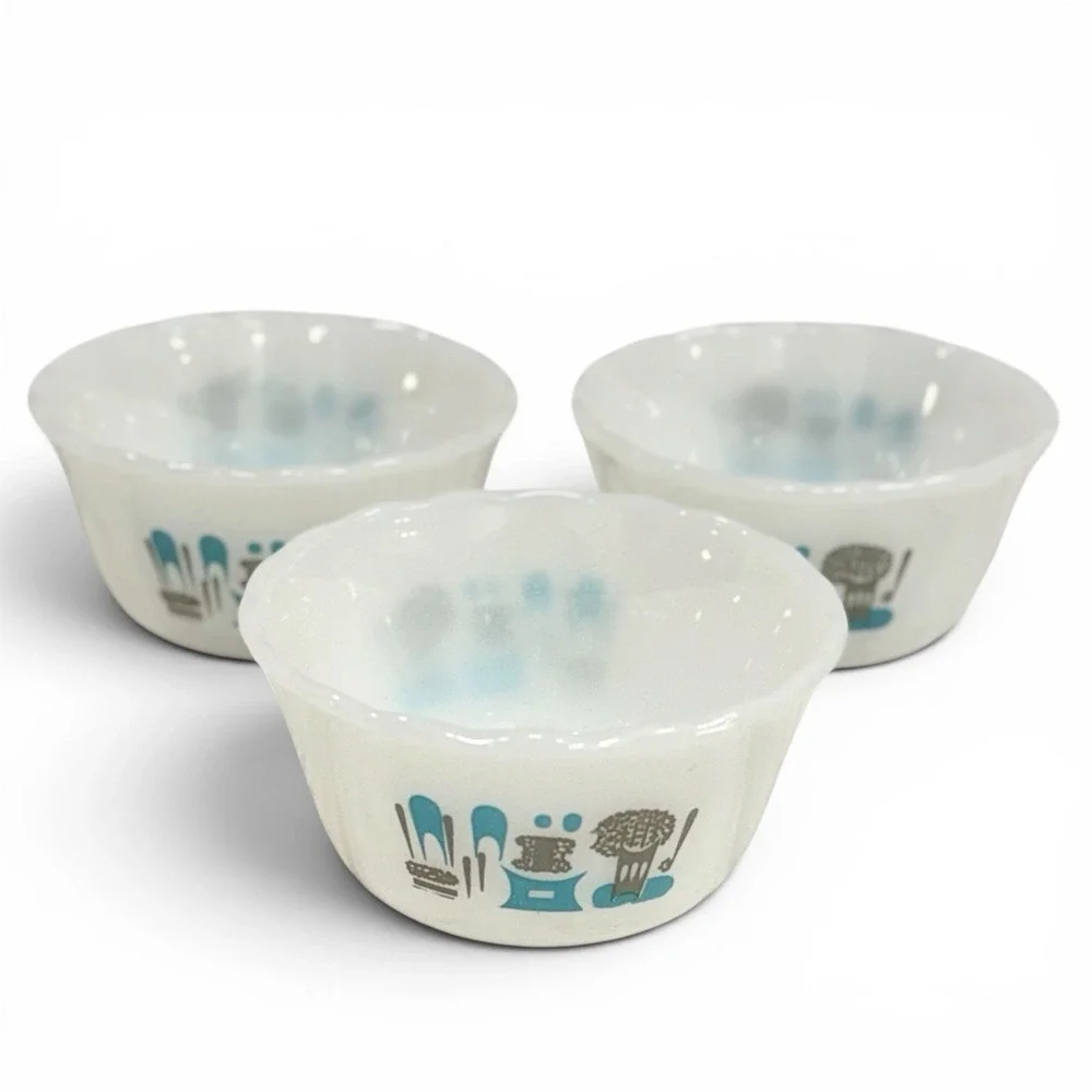 Vtg 50s Fire King Bowls Ramekin Custard Dish Blue Heaven Aqua Milk Glass 3 Count